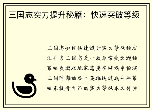 三国志实力提升秘籍：快速突破等级